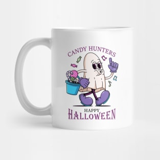 Happy Halloween, Cartoon illustration of a white cloth ghost carrying a tub of candy Mug